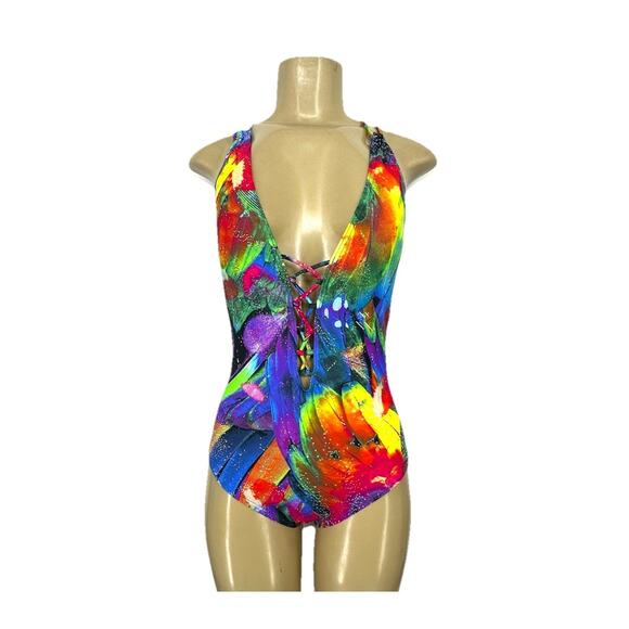 NEW La Blanca 8 Strappy Feathering Colors One Piece Swimsuit Tommy Control 1-7 - Picture 1 of 8